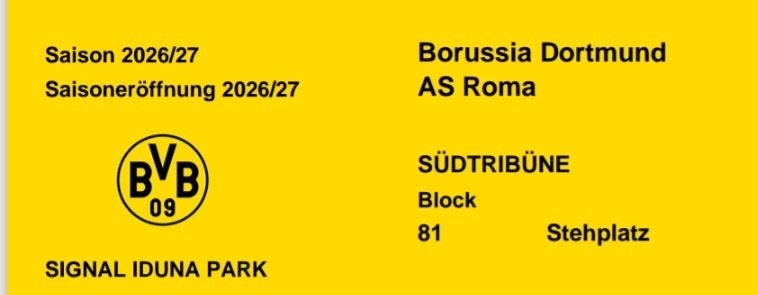 Ticket Dortmund As roma, Tickets en Kaartjes, Sport | Voetbal, Losse kaart, Eén persoon, Augustus, Buitenland