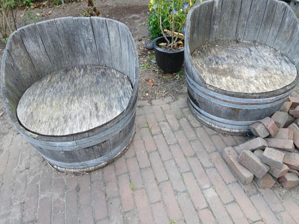 Eiken wijnvat 2x voor als stoel of bloemmbak, Rond, Ophalen of Verzenden, 60 tot 100 cm, Hout