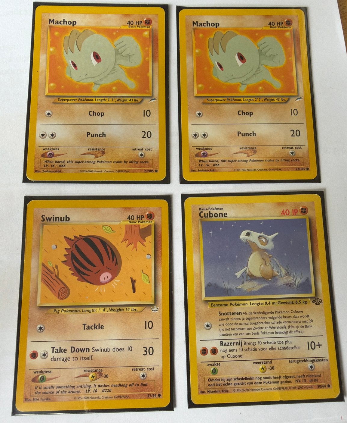 Pokémon Kaarten: Machop, Swinub, Cubone (4 stuks), Ophalen of Verzenden, Gebruikt, Meerdere kaarten