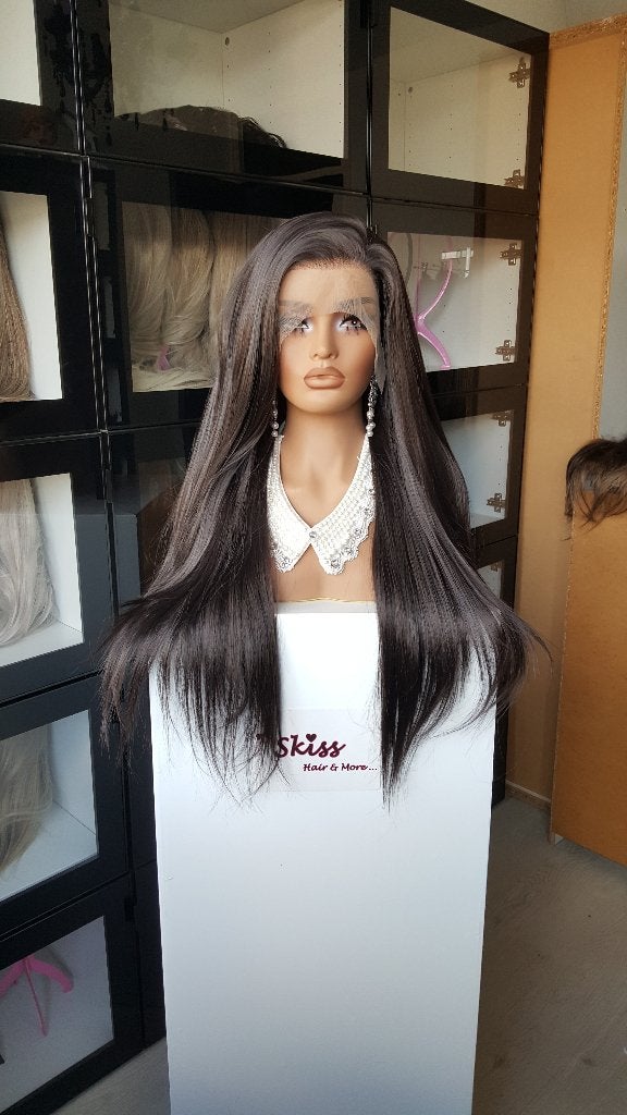 Luxe Lace Pruik: Donker bruin - Stijl - 75cm, Ophalen of Verzenden, Nieuw, Pruik of Haarverlenging