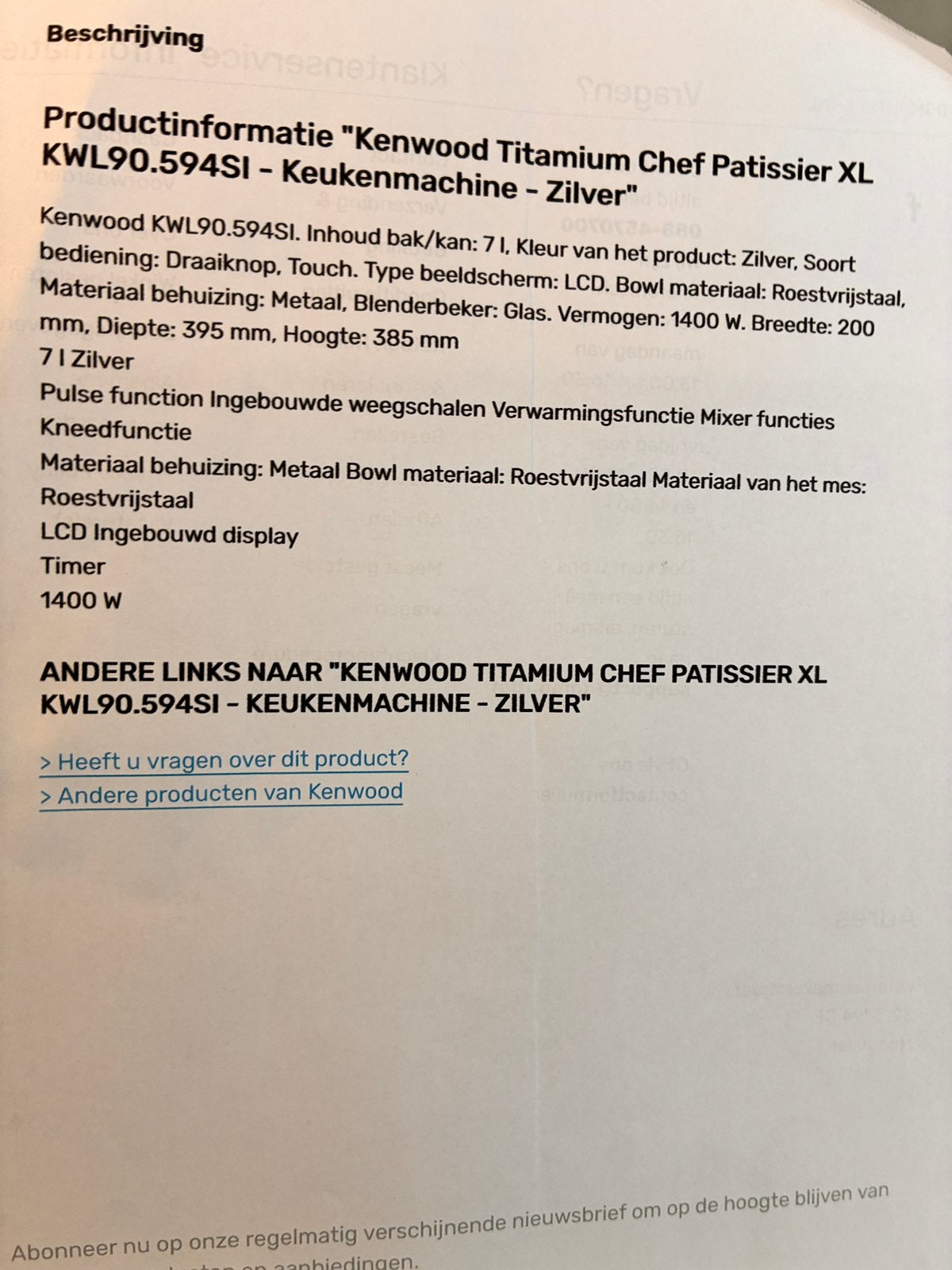 Kenwood keukenmachine KWL90, Ophalen, Zo goed als nieuw