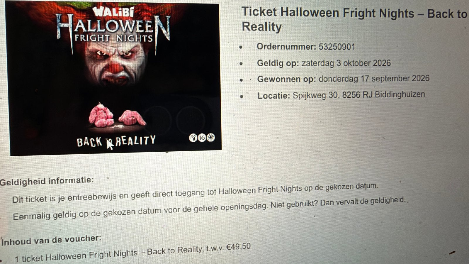 Walibi Fright Nights zaterdag 3 oktober, Eén persoon, Ticket of Toegangskaart