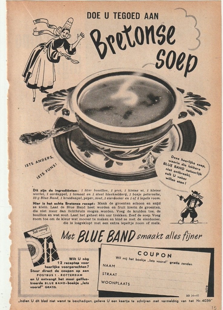 Retro reclame 1950 Blue Band maak 'n Bretonse soep, Verzamelen, Verzenden, Overige typen