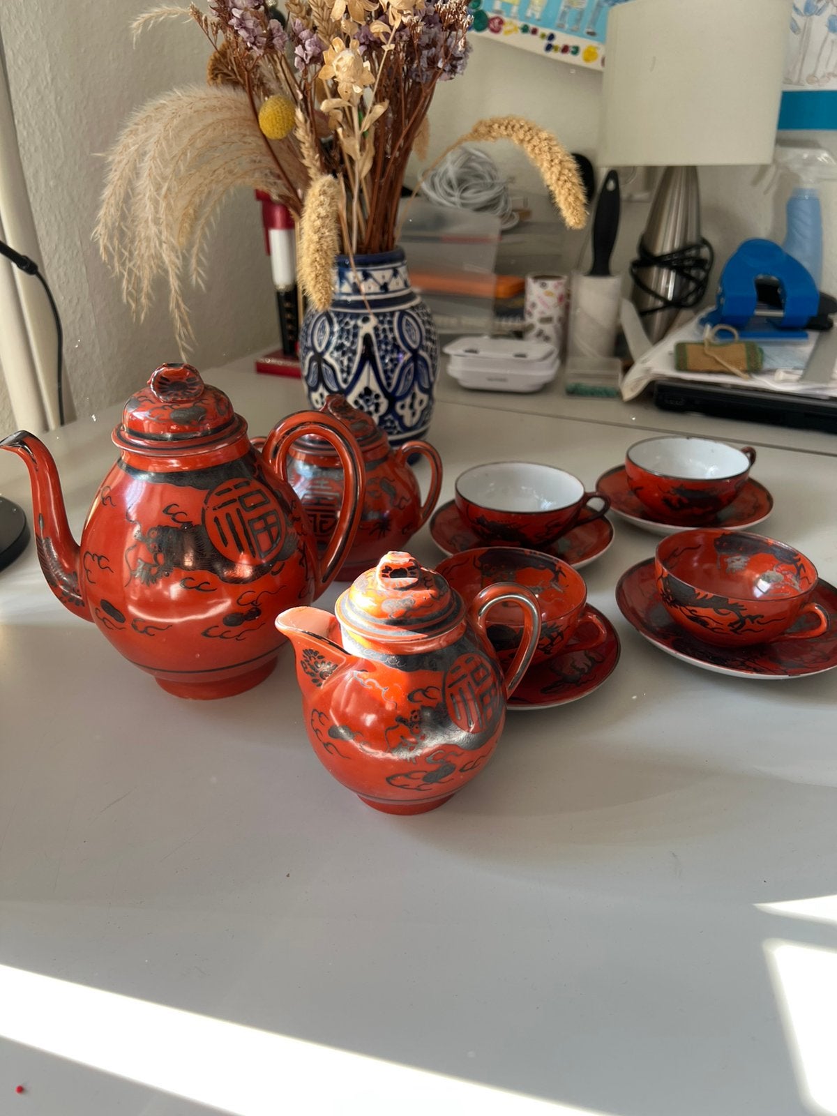 Antieke Japanse Kutani Eiraku theeset met rode draak, Ophalen