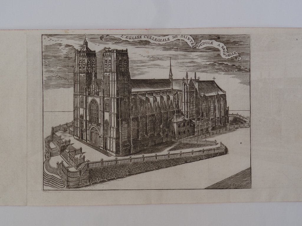 Kathedraal Sint-Michiel Sint-Goedele Brussel Harrewijn 1720, Stadsgezicht, Ophalen of Verzenden, Gravure, Origineel