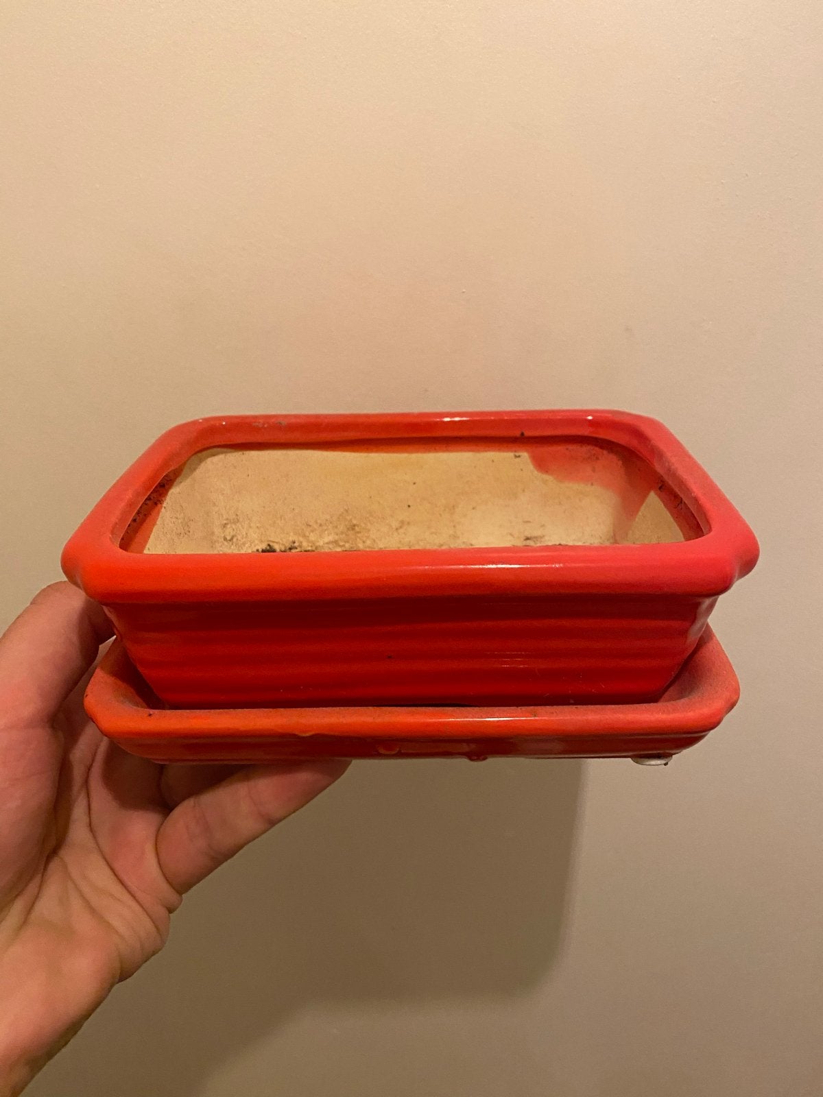 Rode Bonsai Minipot met Onderlegger, Tuin en Terras, Ophalen of Verzenden, Aardewerk, Rechthoekig, Binnen