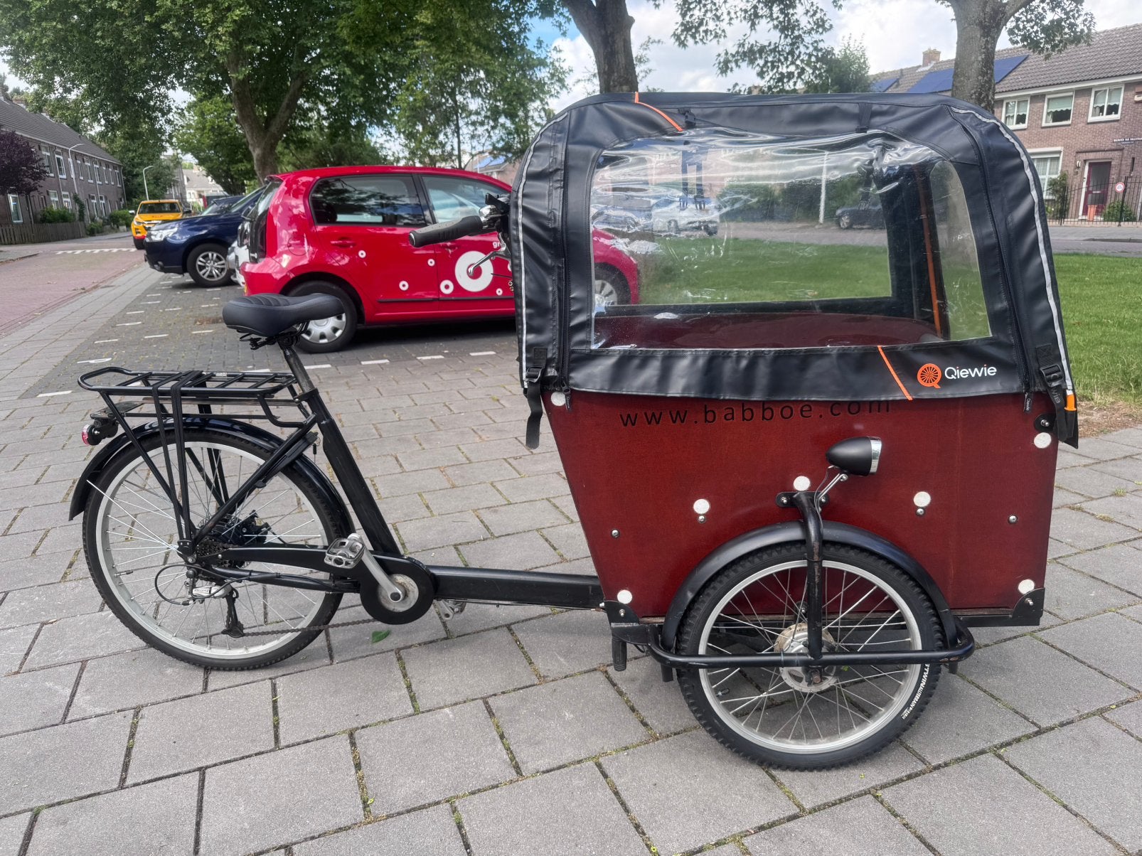 Babboe Big-E elektrische bakfiets (incl. accessoires), 4 kinderen of meer, Huif, Zo goed als nieuw, Schijfrem