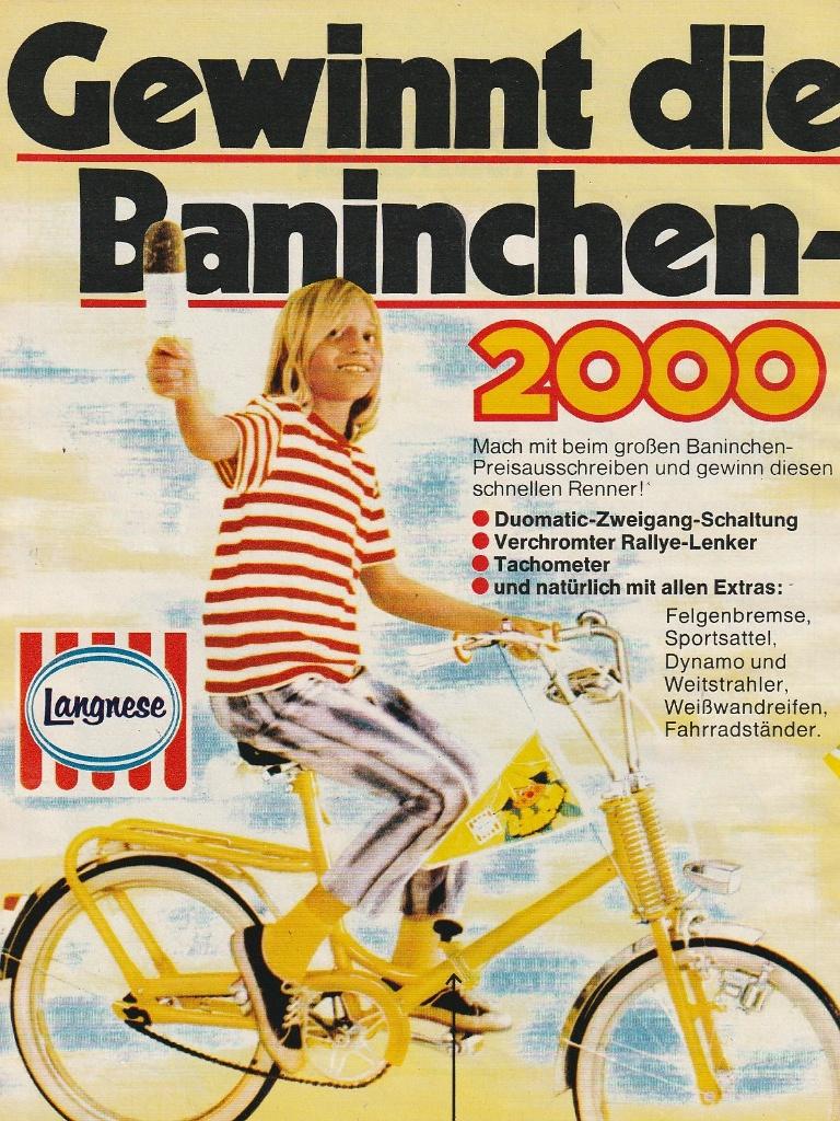 retro reclame 1972 Langnese (Ola) ijs jongetje op fiets, Verzamelen, Verzenden, Overige typen