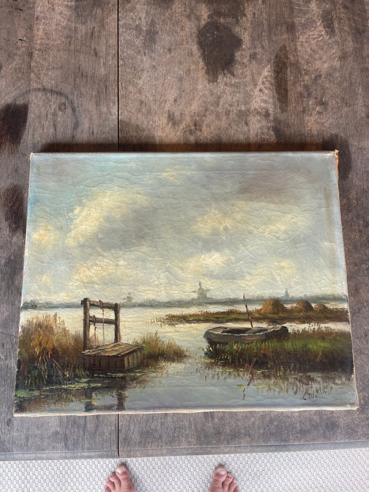 Oud Hollands Landschap Schilderij - Water en Molen, Antiek en Kunst, Ophalen, Doek, Oud hollands, Olieverf