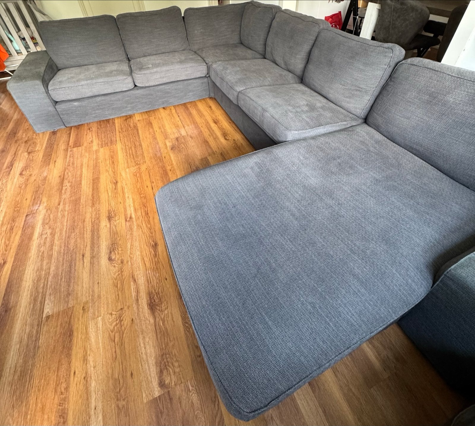 Grote Grijze Hoekbank met Longchair, Ophalen, 250 tot 300 cm, Gebruikt, Hoekbank