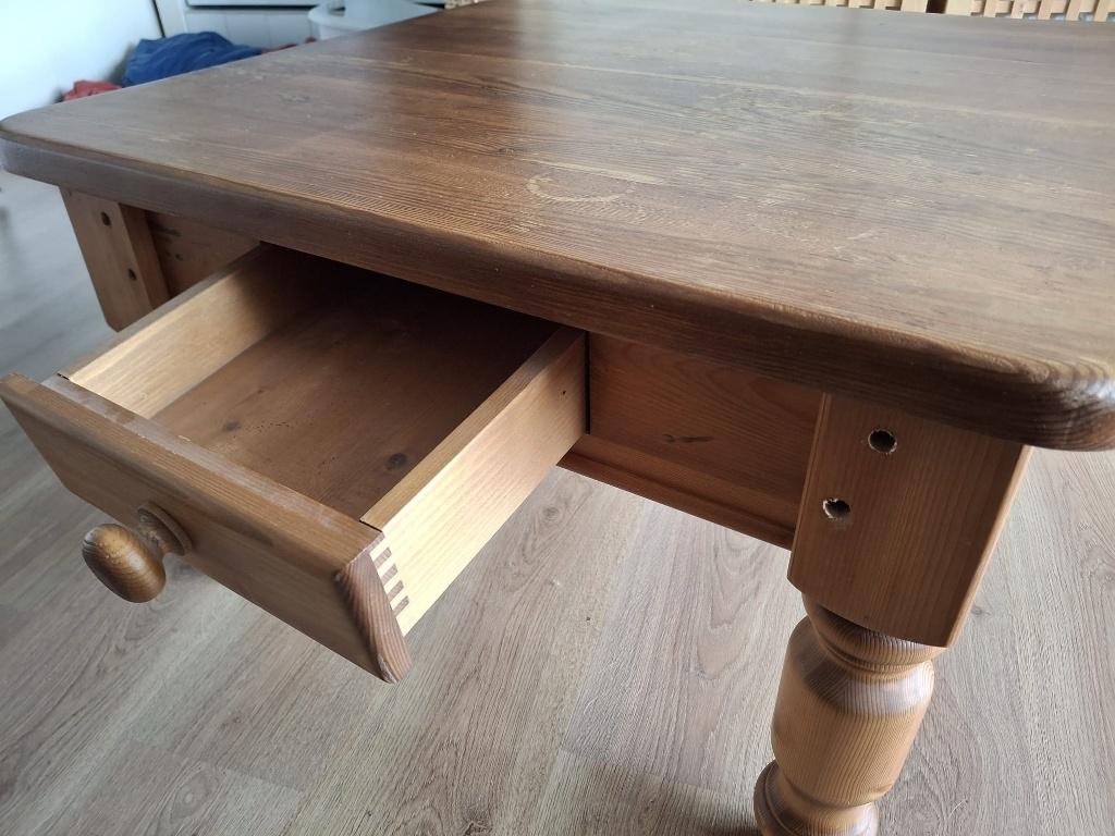 Vierkante grenen houten “hoek”tafel, Ophalen, Gebruikt, 50 tot 100 cm, Vierkant