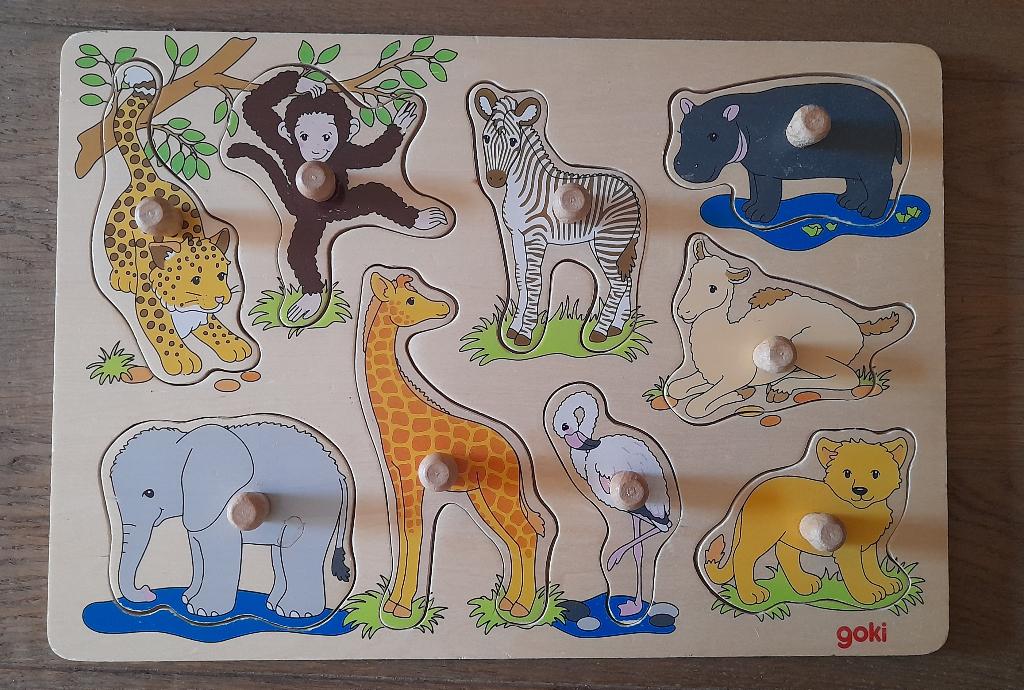 Goki houten knopjespuzzel kinderpuzzel, Ophalen of Verzenden, Minder dan 10 stukjes, Gebruikt, 6 maanden tot 2 jaar