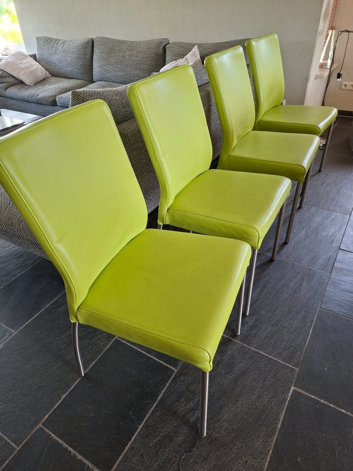 Design eetkamer stoelen 4  lime, model Florex, rvs frame, Overige kleuren, Leer, Ophalen of Verzenden, Zo goed als nieuw