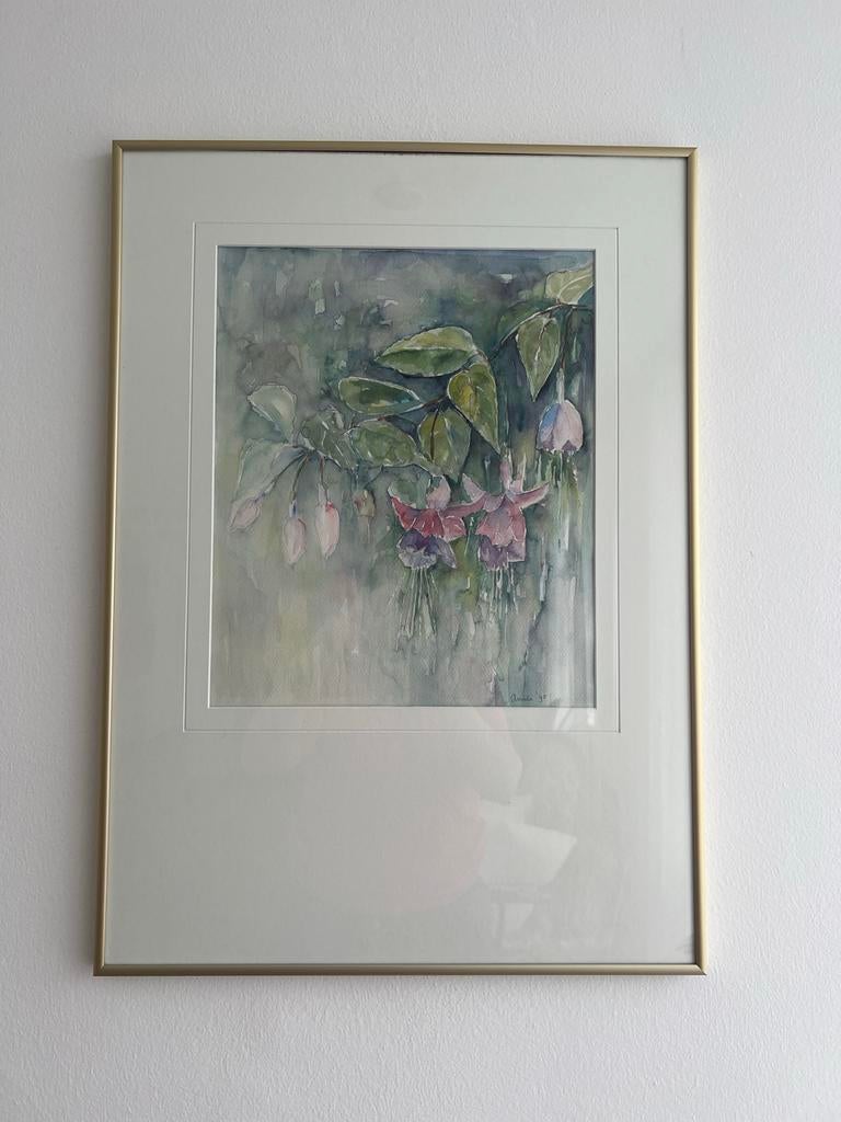 Aquarel schilderij van Fuchsia bloemen, gesigneerd 'Amelie ', Ophalen