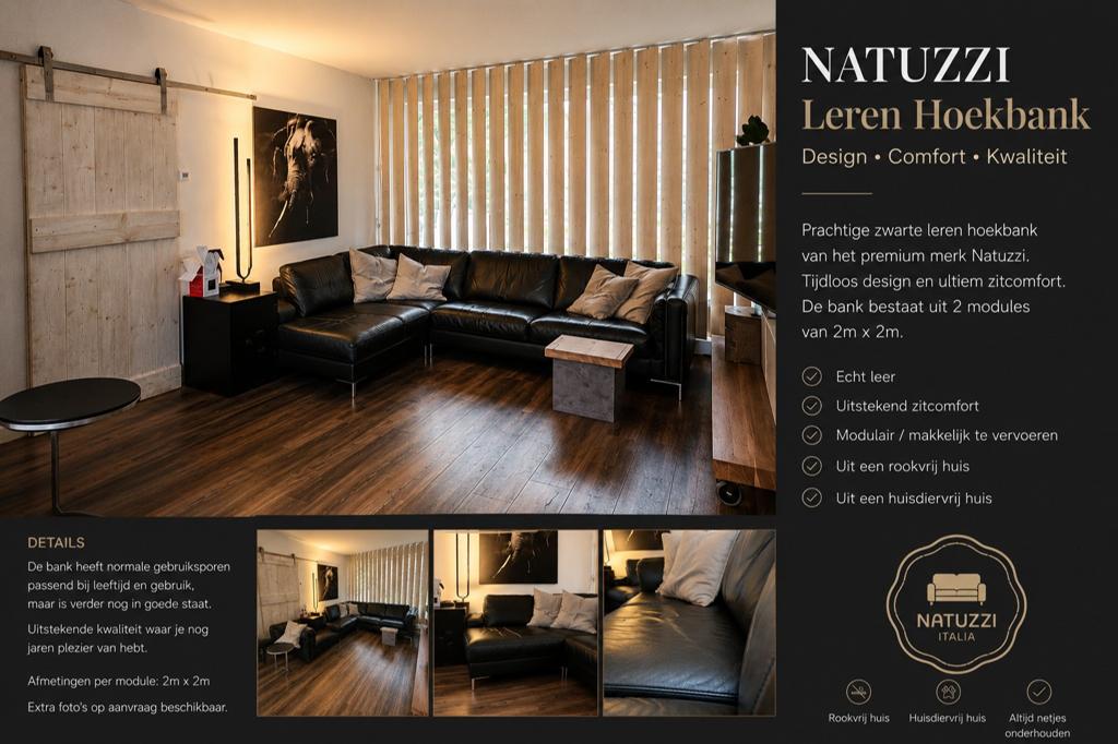 Natuzzi bank, zwart lederen, 2 m x 2 m, Huis en Inrichting, Ophalen, Gebruikt, Vierpersoons of meer, Leer