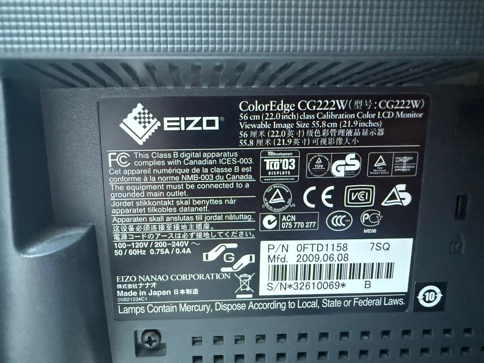 EIZO ColorEdge CG222W Monitor - Professionele Kleurweergave, Gebruikt, In hoogte verstelbaar, Full HD, Ophalen of Verzenden