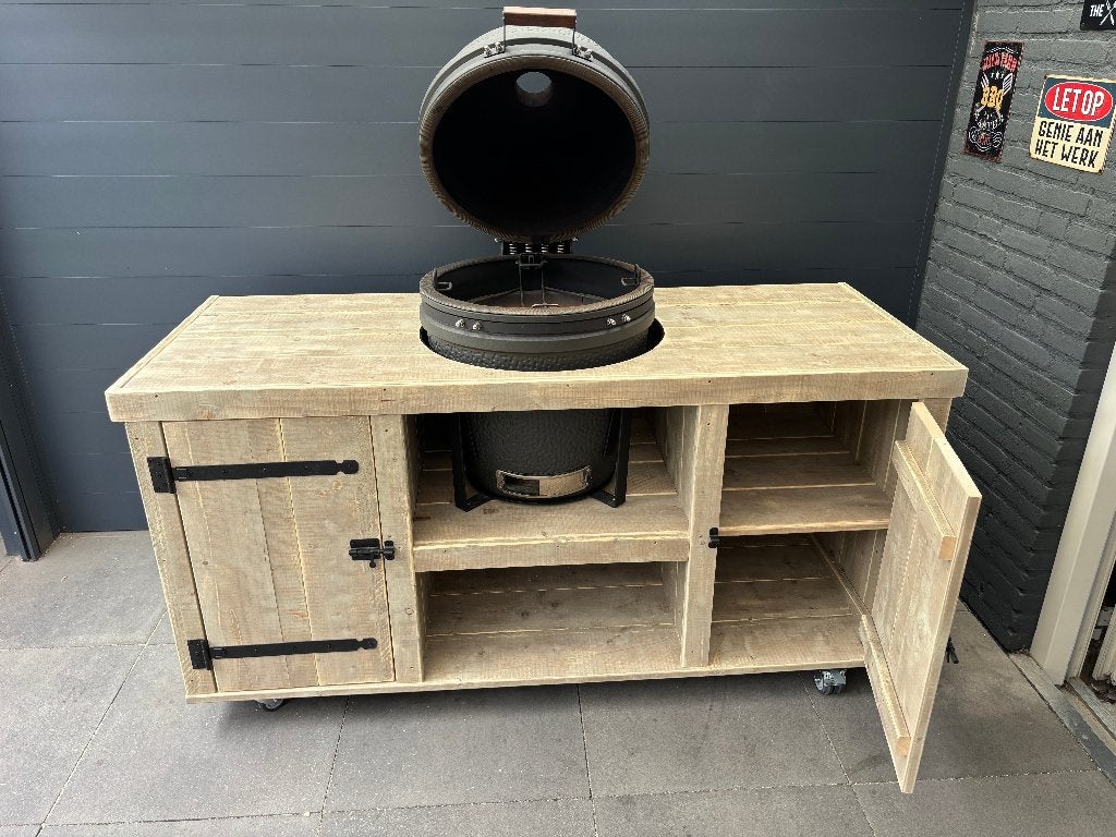 Uniek  BBQ meubel voor kamado van steigerhout of douglashout, Ophalen, Nieuw, Houtskool