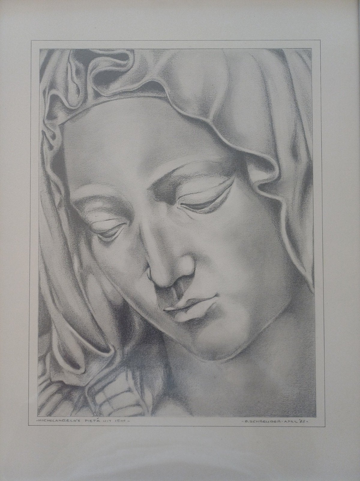 Michelangelo's Piëta - Tekening van B. Schreuder, Ophalen of Verzenden, Tekening, Potloodtekening, Gesigneerd