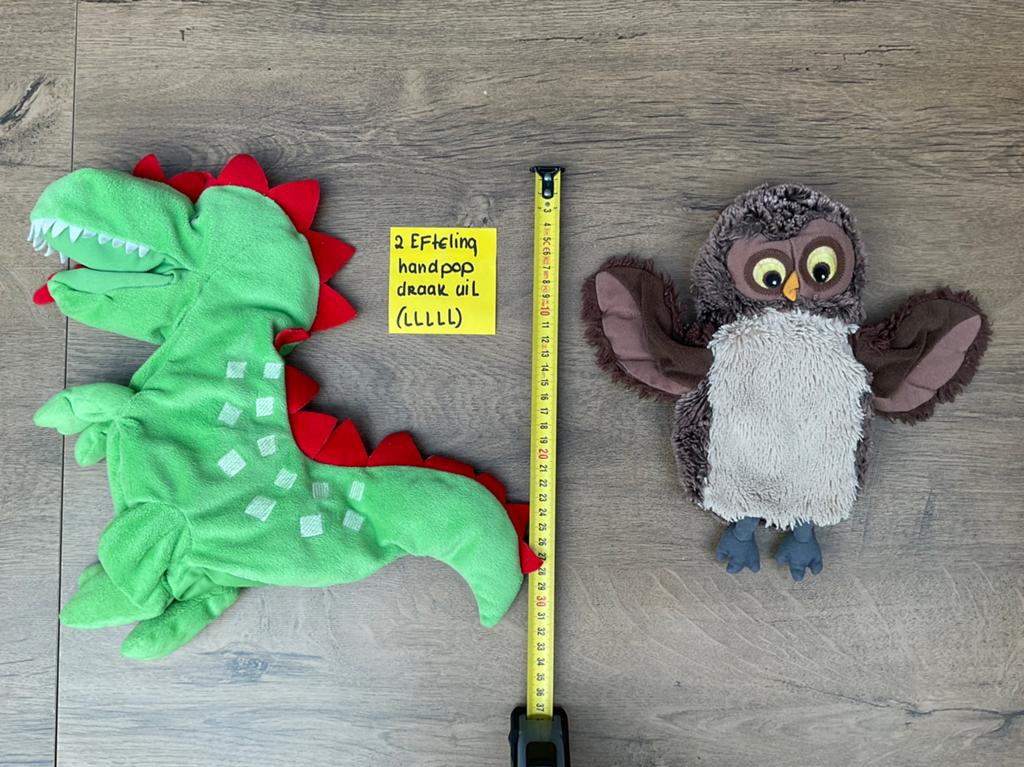 2 zgan, niet kapot, gewassen Efteling handpoppen uil draak, Ophalen, Zo goed als nieuw, Beeldje of Poppetje