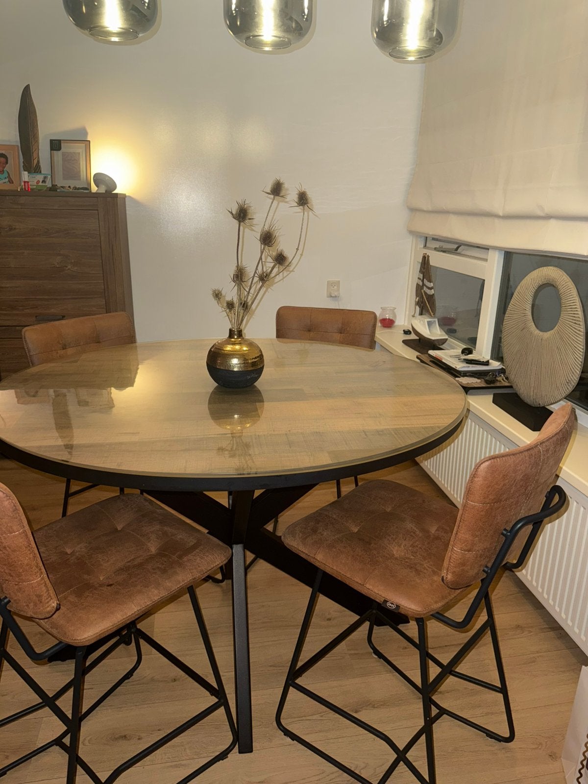 Stoelen en eettafel bar hoigte, Huis en Inrichting, Ophalen, Bruin, Zo goed als nieuw, Vier
