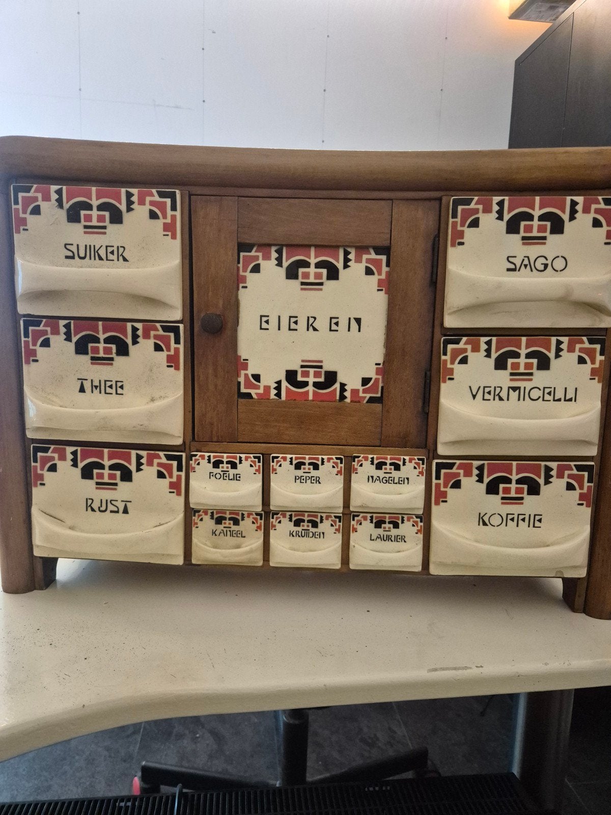 Vintage kruidenrek met keramische lades - Jaren '30, Ophalen