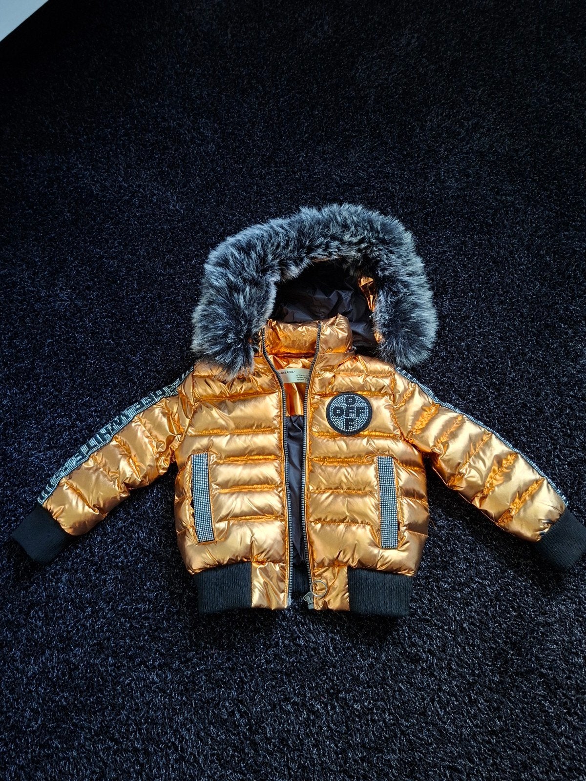 Gouden winterjas meisje maat 92 met steentjes en bont, Ophalen of Verzenden, Zo goed als nieuw, Meisje, Jas