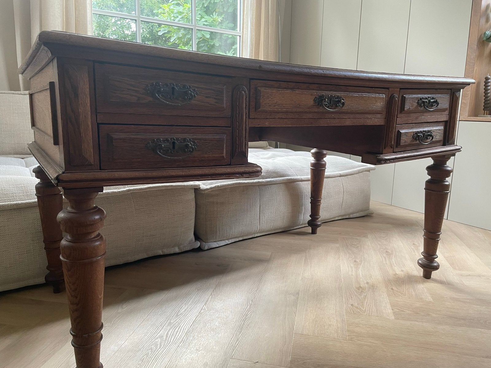 Antiek Eiken Bureau met Leren Inleg en Lades, Antiek en Kunst, Ophalen