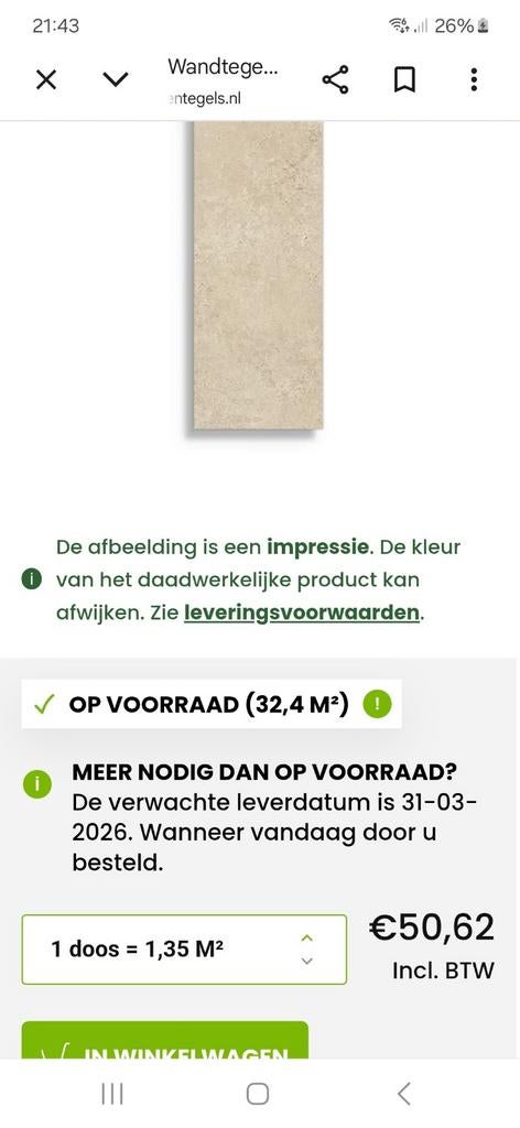 Wandtegels beige natuursteen (6 pakken), Doe-het-zelf en Verbouw, Tegels, Ophalen, 60 cm of meer, Nieuw, Minder dan 20 cm