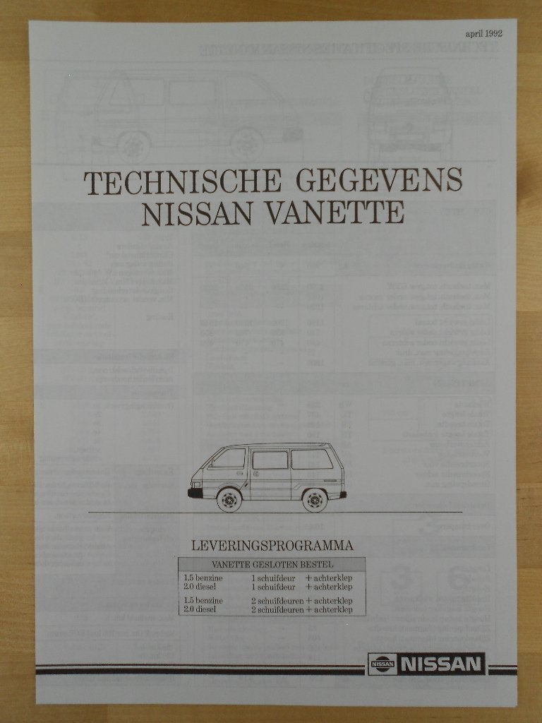 Nissan Vanette Brochure 1992, Ophalen of Verzenden, Zo goed als nieuw, Nissan, NISSAN