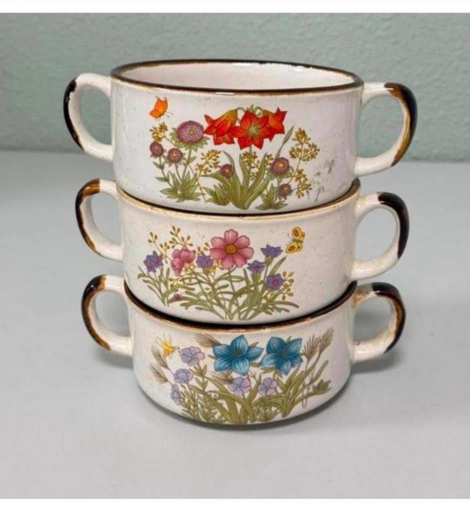 Wildflower servies 3 soepkom soep kom kommen bloemen vintage, Antiek en Kunst, Antiek | Servies los, Ophalen of Verzenden