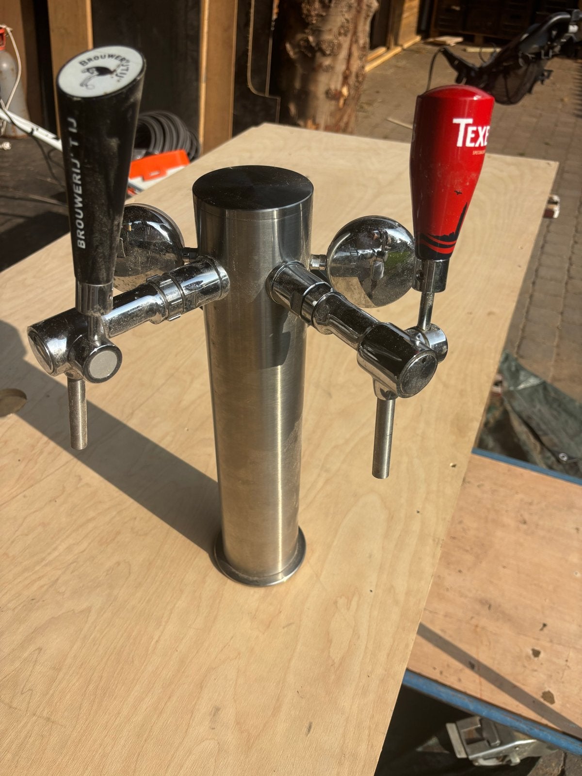 RVS dubbele biertap met Brouwerij 't IJ en Texels logo, Ophalen, Zo goed als nieuw