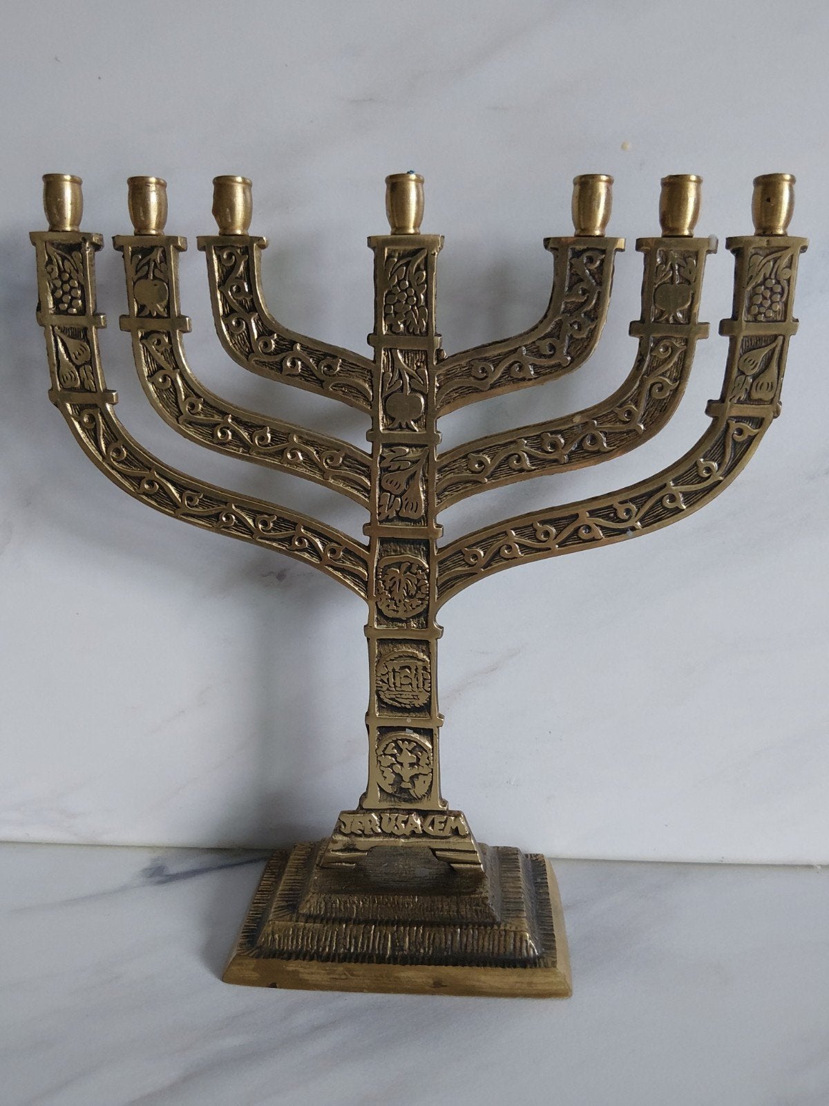 Antieke messing Menora - Joodse kandelaar 7 armig, Ophalen of Verzenden, Overige materialen