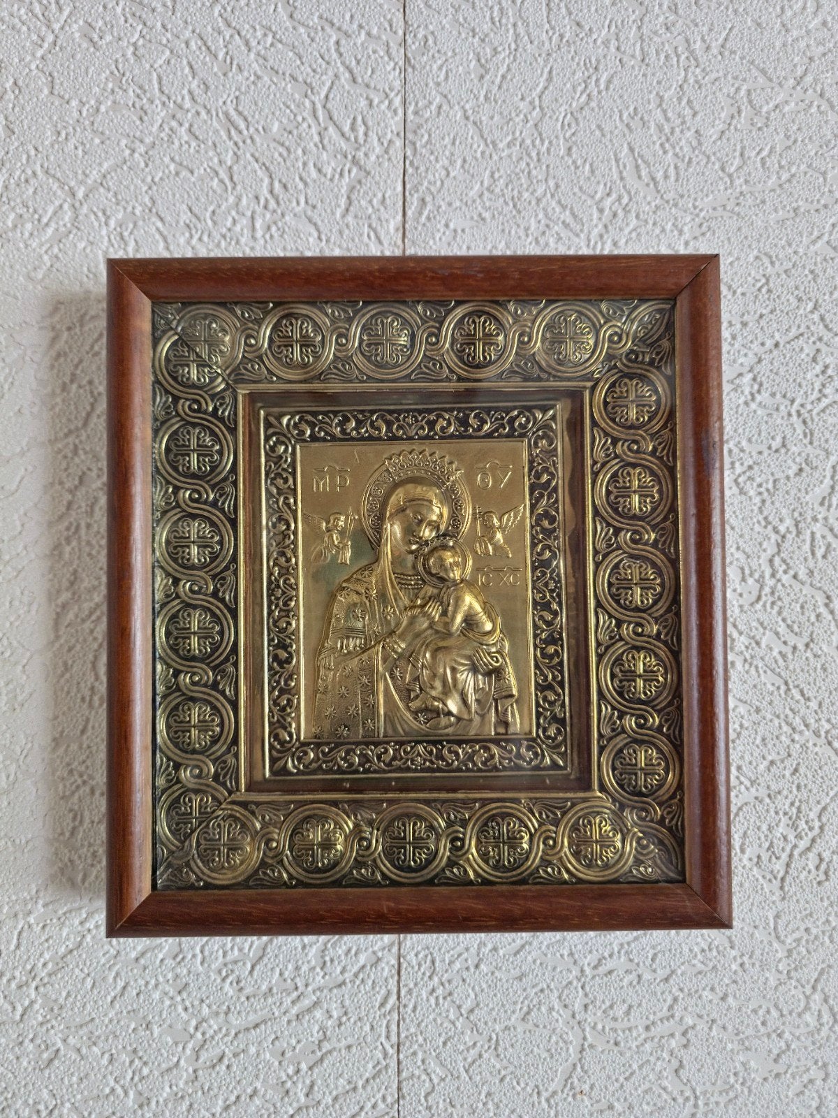 Oude religieuze icoon van Maria met kind in lijst, Antiek en Kunst, Antiek | Religie, Ophalen