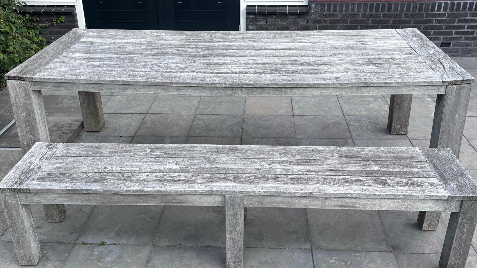 Teakhouten tuinset: tafel en bankje van Rough, Ophalen of Verzenden, Gebruikt, Rechthoekig, Teakhout