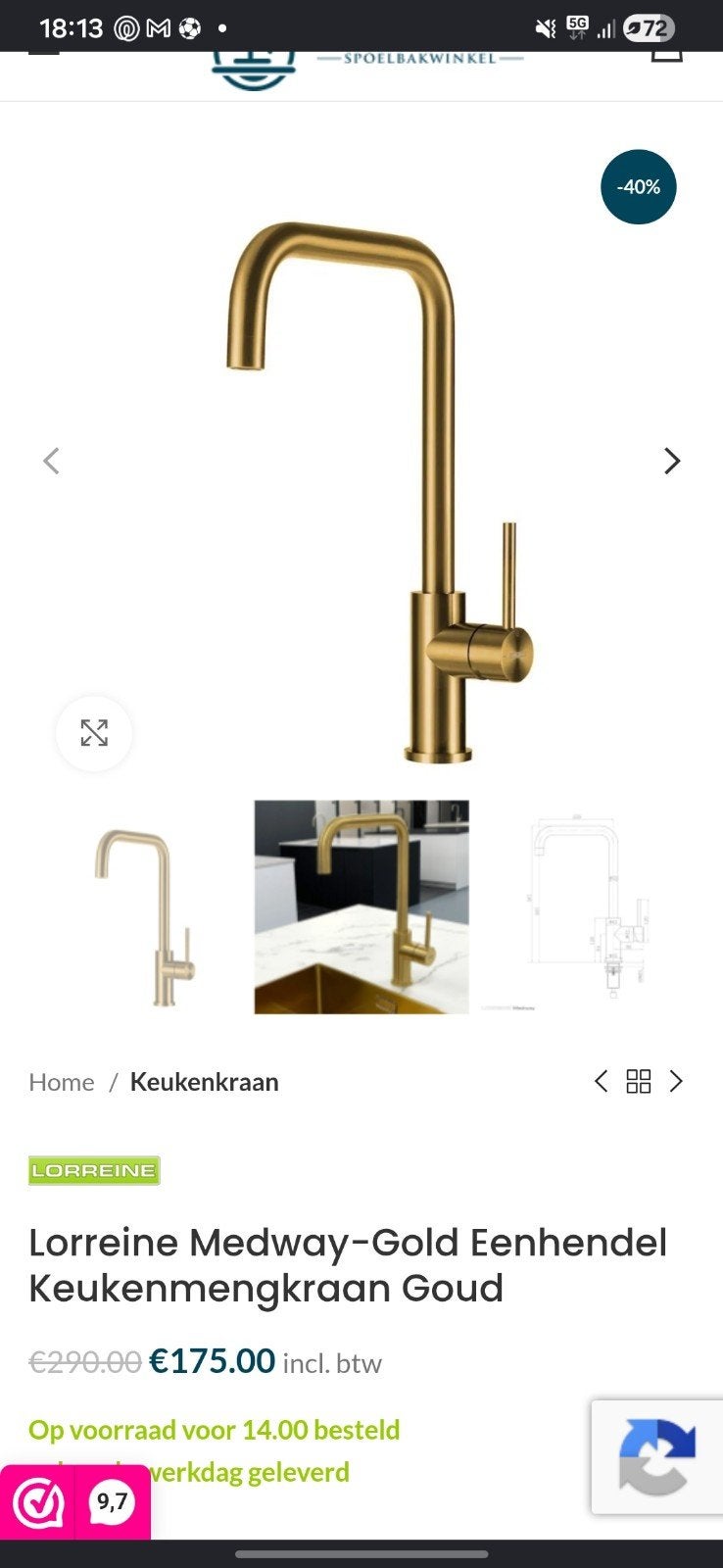 Lorreine Medway Gold eenhendel keukenmengkraan, Ophalen, Nieuw, 50 tot 100 cm, Minder dan 100 cm