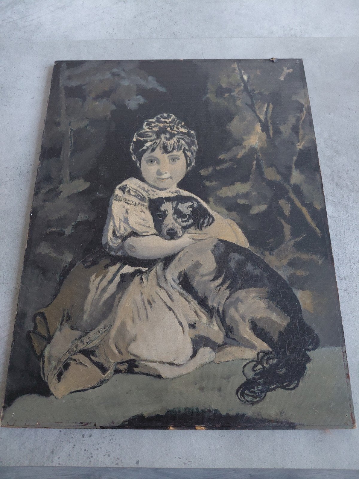 Oud Hollands schilderij: Meisje met hond, Antiek en Kunst, Ophalen, Paneel, Portret of Personen, Oud hollands