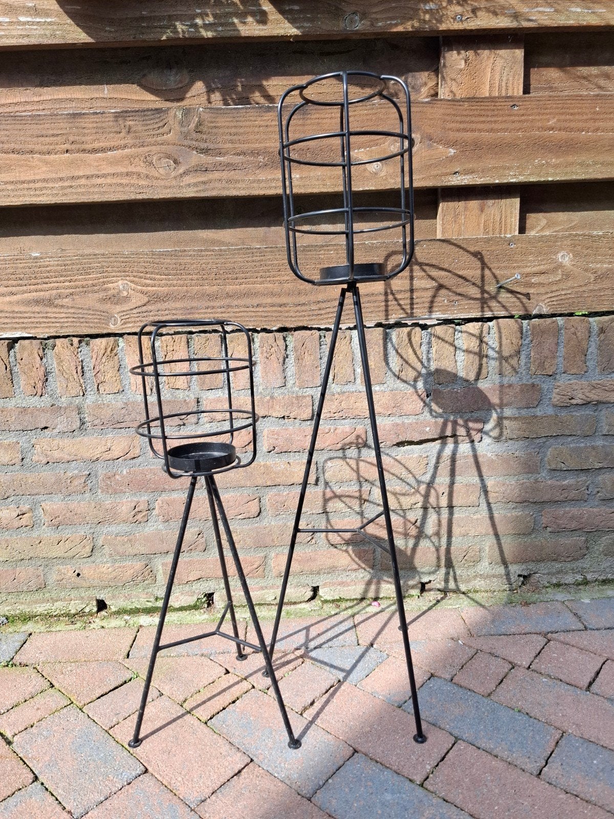 Set van 2 industriële metalen windlichten op statief, Ophalen, Windlicht, 90 cm, Zwart