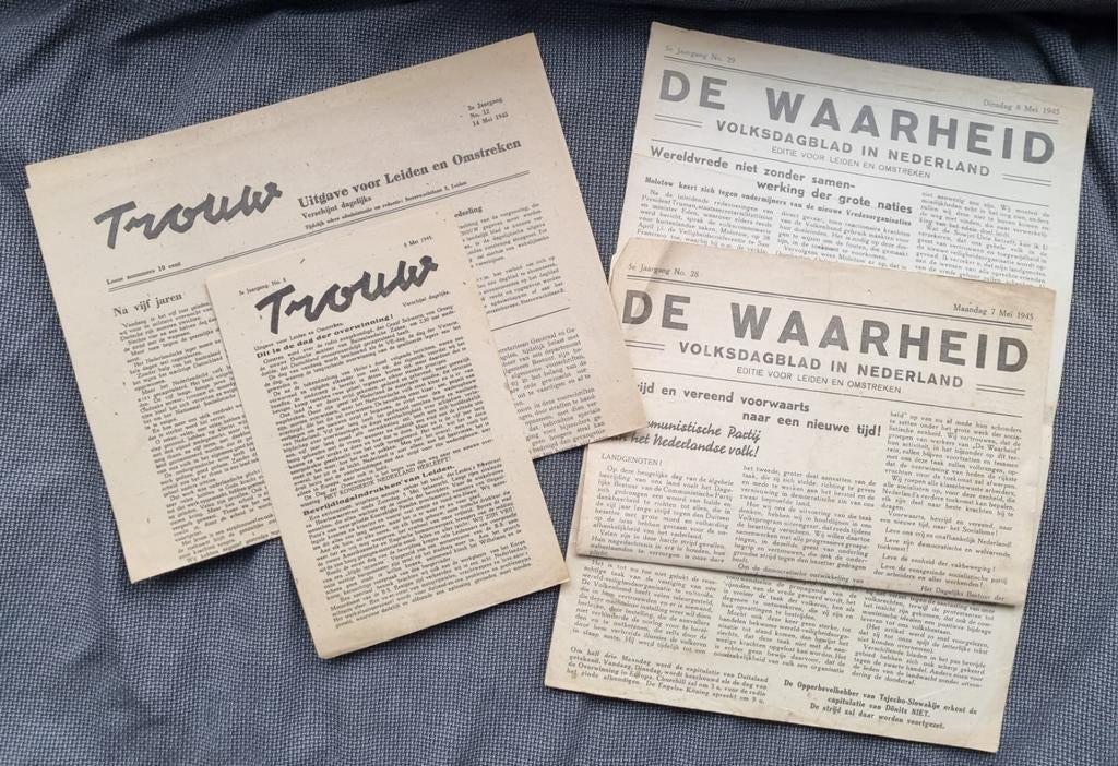 Vier Illegale kranten TROUW / DE WAARHEID mei 1945, Verzamelen, Militaria | Tweede Wereldoorlog, Verzenden, Overige soorten, Nederland