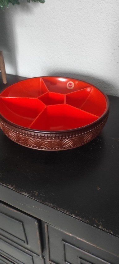 Vintage snackschaal vakkenschaal Emsa oranje bruin, Kunststof, Gebruikt, Schaal, Rond