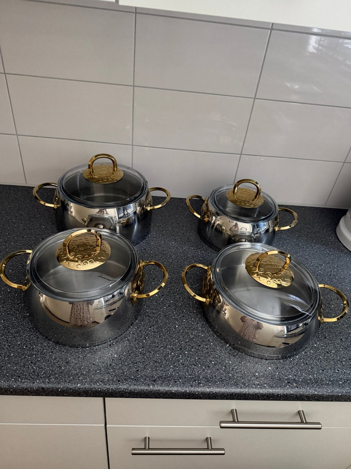 Emsan Pannenset - Zo goed als nieuw, Ophalen, Met deksel, Pannenset, Zo goed als nieuw