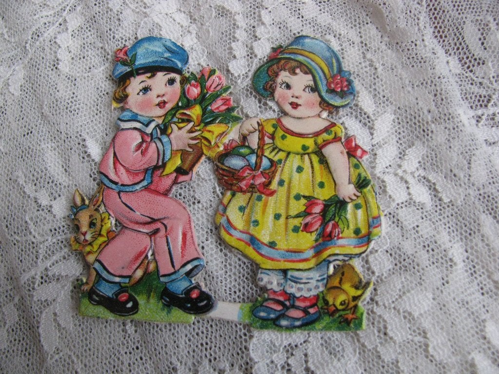 Oude Jaren '30 Poesieplaatjes / K&L - Kinderen Konijn Tulpen, Verzamelen, Verzenden