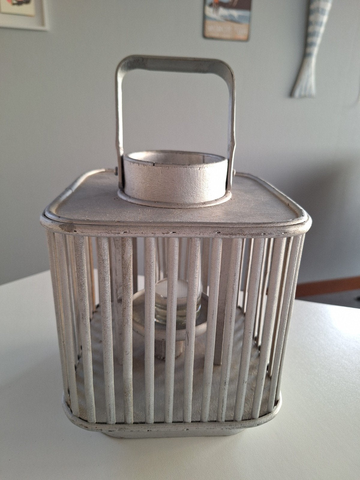 Set van 2 bamboe lantaarns windlichten - grijs zilver, Gebruikt, Ophalen of Verzenden, Landelijk, Natuurlijk materiaal