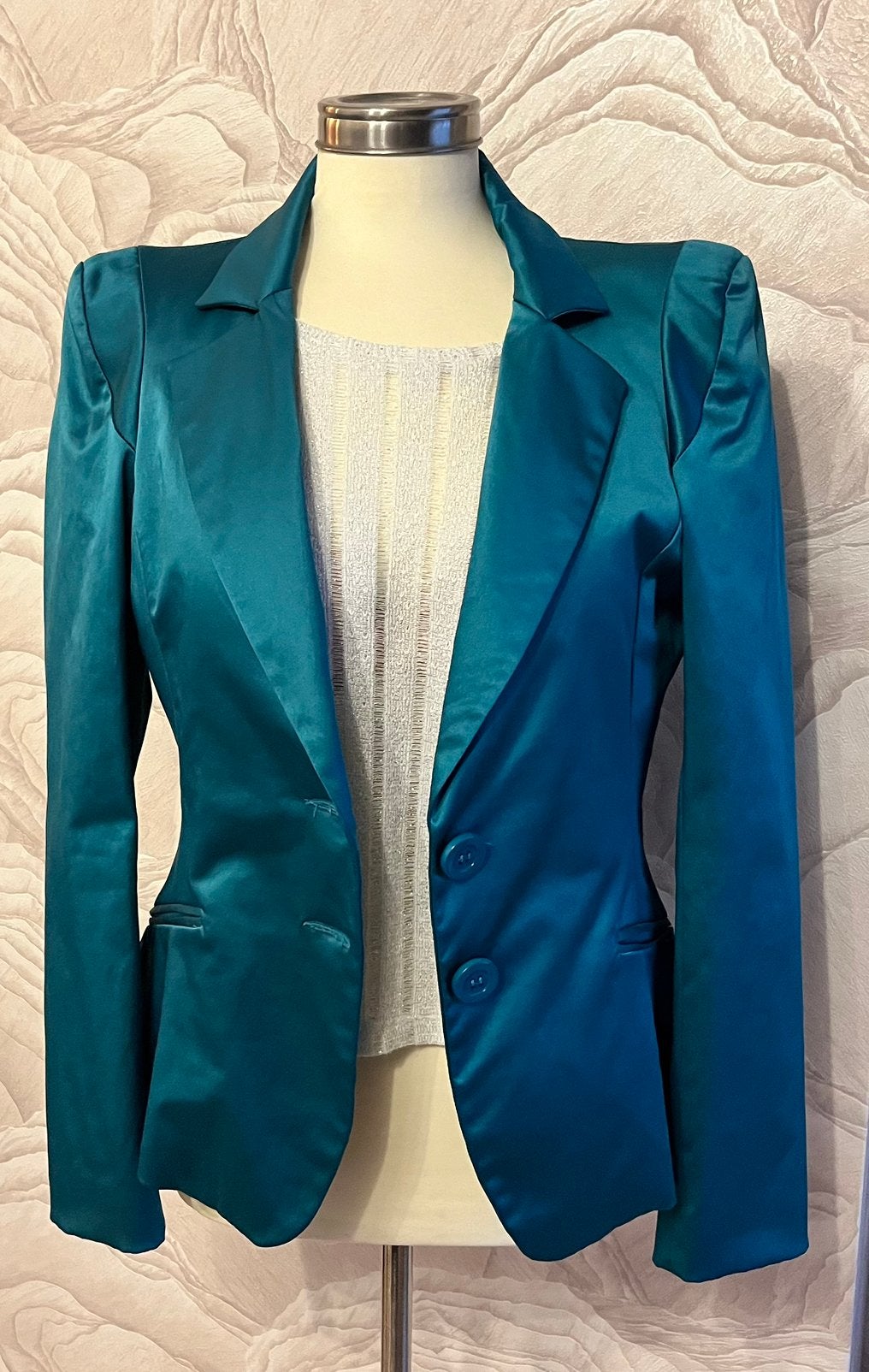 Rinascimento L colbertje Turquoise satijn jasje blauw groen, Blauw, Maat 42/44 (L), Ophalen of Verzenden, Zo goed als nieuw