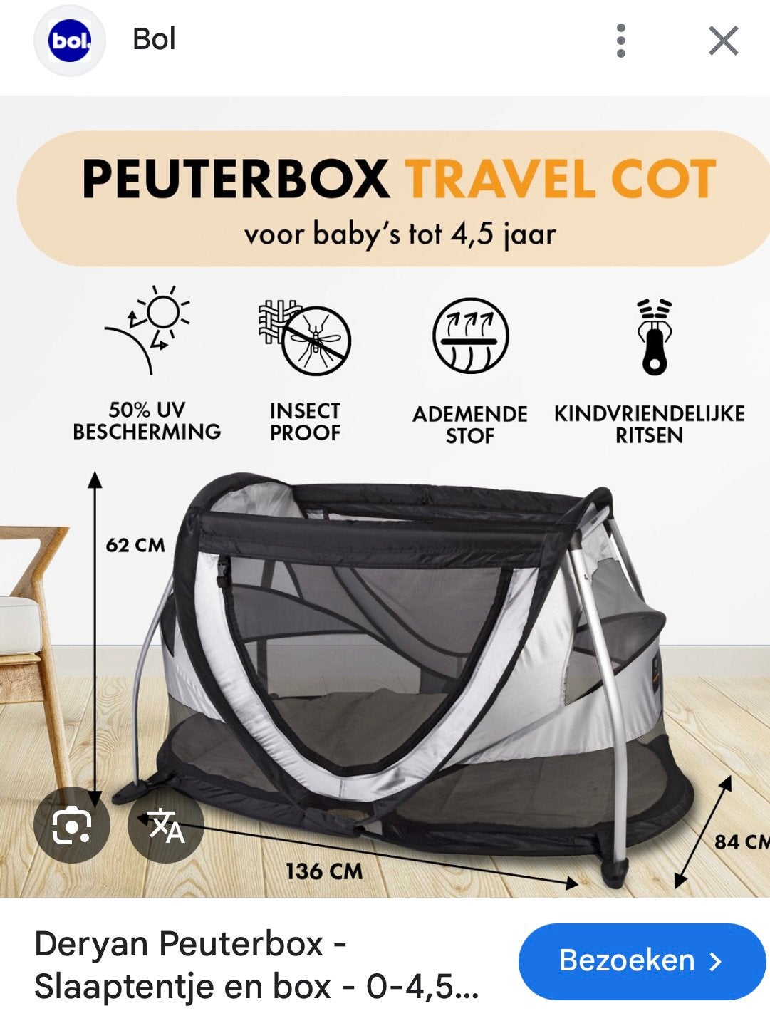 Deryan Peuterbox - Slaaptent, Ophalen of Verzenden, Gebruikt, Rechthoekig
