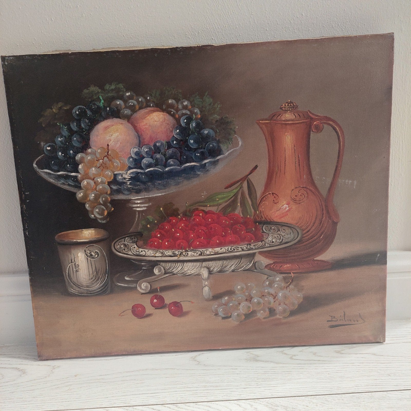 Oud olieverfschilderij op doek stilleven met fruitdecor, Ophalen of Verzenden