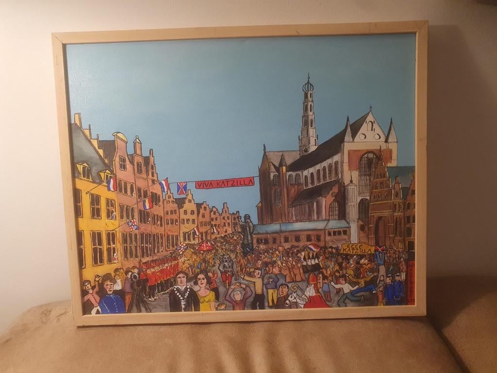 Intocht van Katzilla de Kater  Haarlem Hans Duivenvoorden, Ophalen, Minder dan 50 cm, Schilderij, Minder dan 50 cm