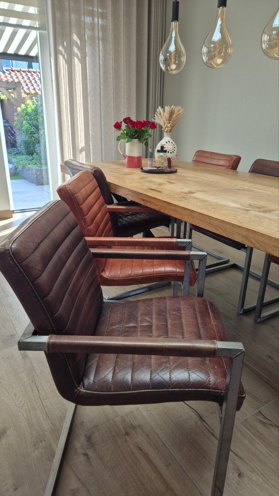 6 eetkamerstoelen echt leer, Huis en Inrichting, Stoelen, Ophalen, Gebruikt, Bruin, Industrieel, Modern