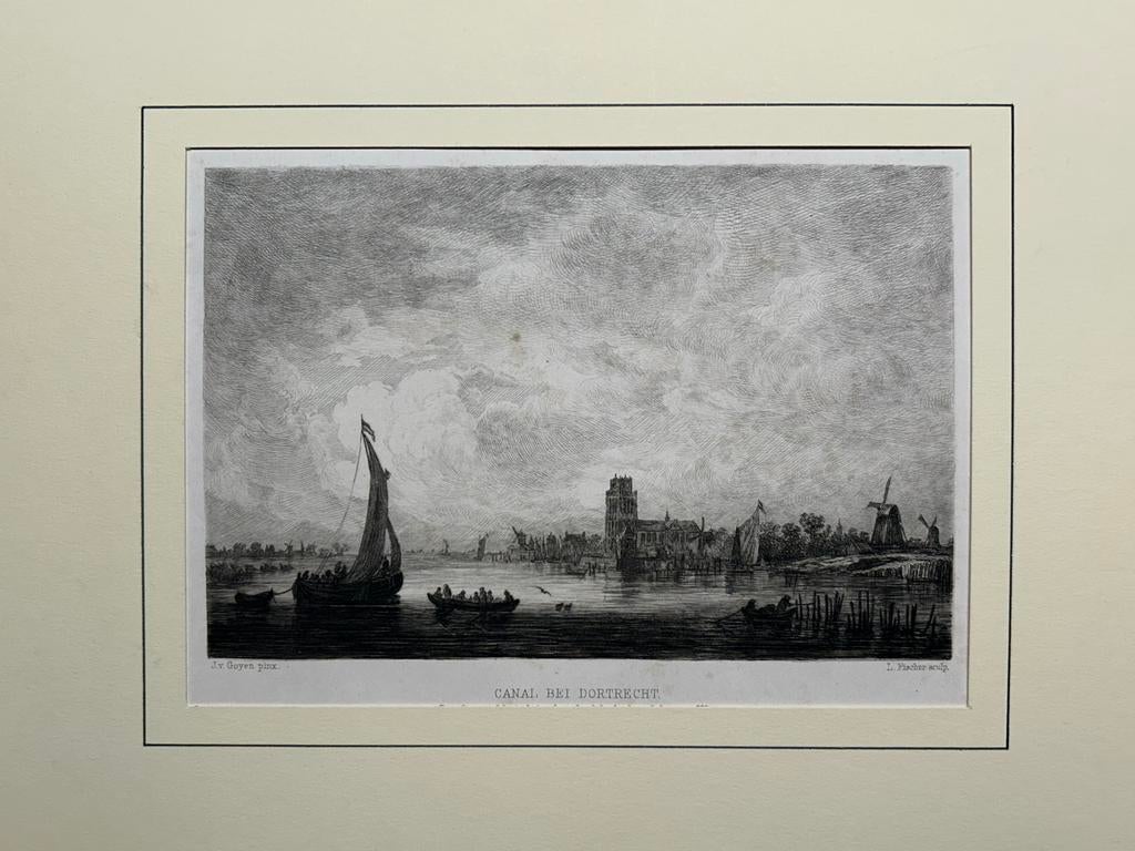 19e-eeuwse ets Canal bei Dordrecht naar Jan van Goyen, 1800 - 1899, Ets, Stadsgezicht, Ophalen of Verzenden