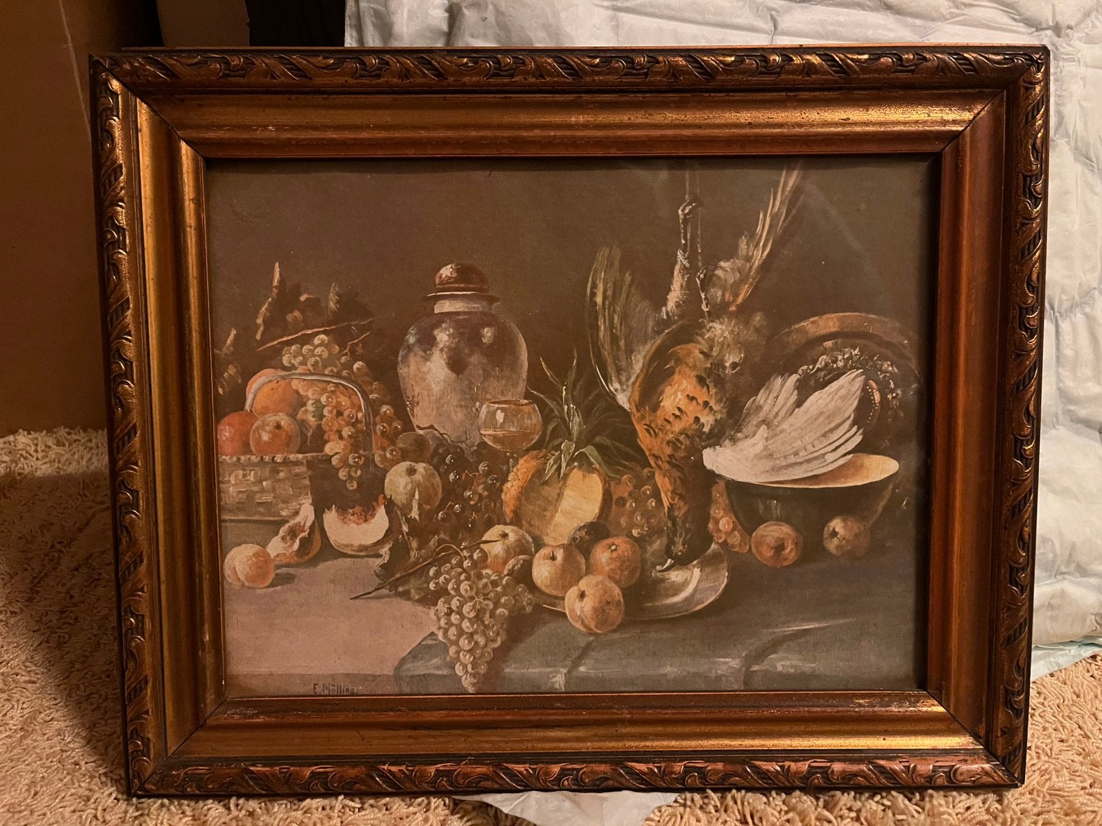 antiek lijst met schilderij/print tafel met fruit  29x36, Ophalen, Origineel werk, Overige onderwerpen