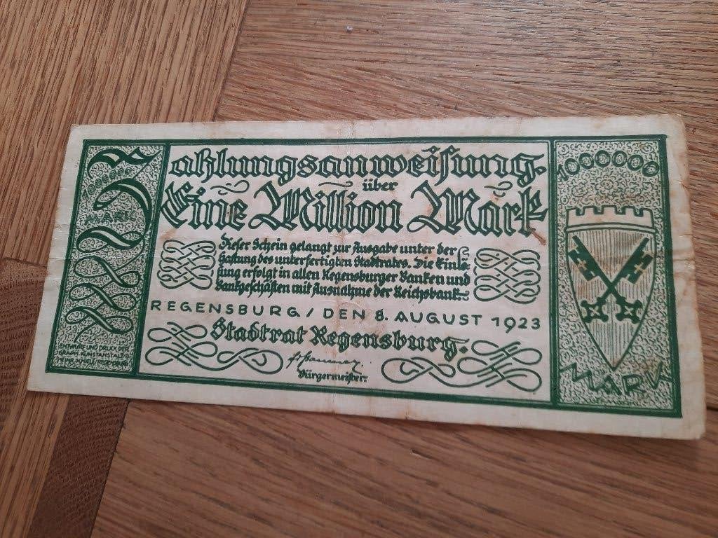 Notgeld. 1 miljoen Mark Regensburg. 1923, Ophalen of Verzenden, Duitsland